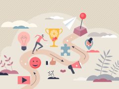 Illustration de la gamification dans l’expérience collaborateur : parcours ludique avec récompenses et engagement des employés.